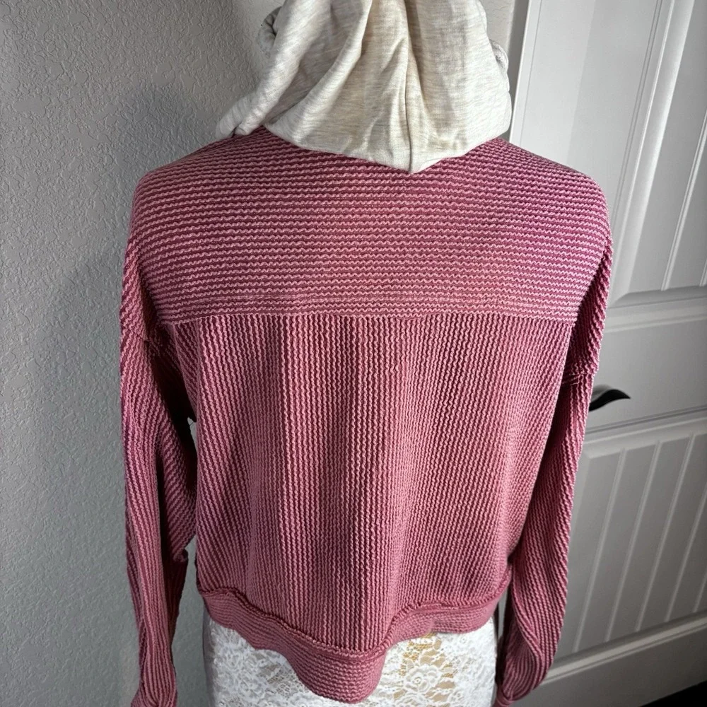 Reborn J PinkRibbed Knit  Button Up‎ Jacket W/ Contrast Hood M Soft Warm Pockets